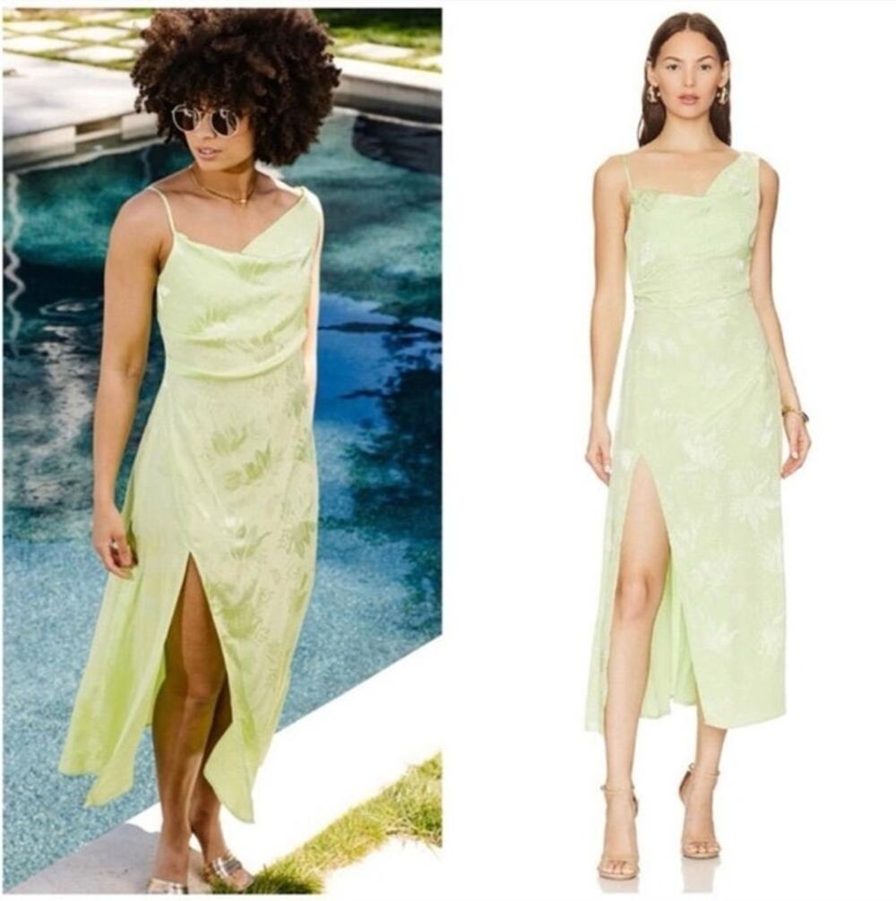 For Love & Lemons Liana Green Floral Satin Midi Dress Size M